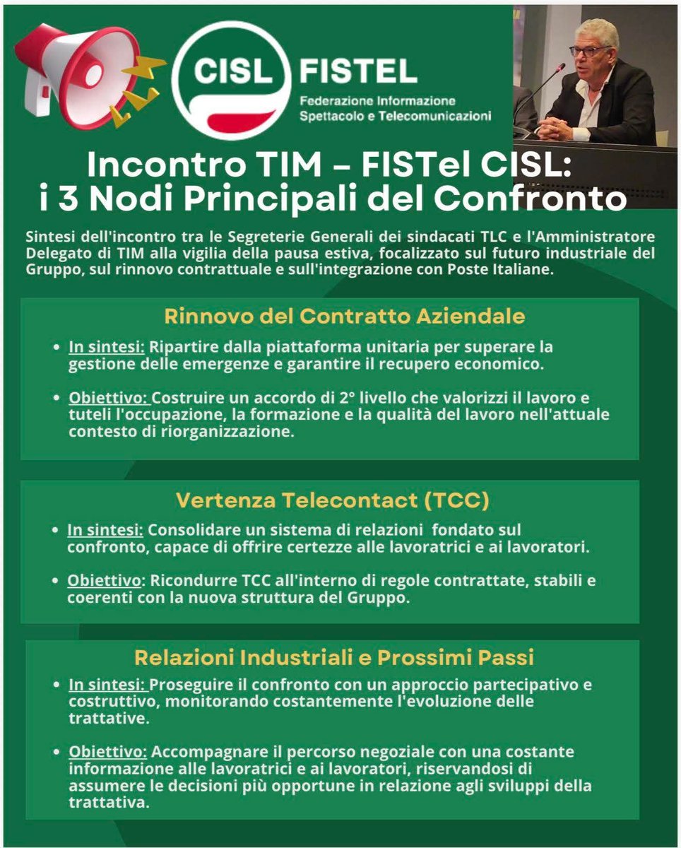 cisl_fistel's tweet photo. 🟩 TIM – FISTel CISL: Il punto sul confronto
I temi centrali emersi dall'incontro tra i sindacati TLC e l'Amministratore Delegato TIM:

📌 Rinnovo del Contratto Aziendale
📌 Vertenza Telecontact (TCC)
📌 Futuro industriale, integrazione con Poste Italiane e relazioni sindacali https://t.co/egsbKTYqna