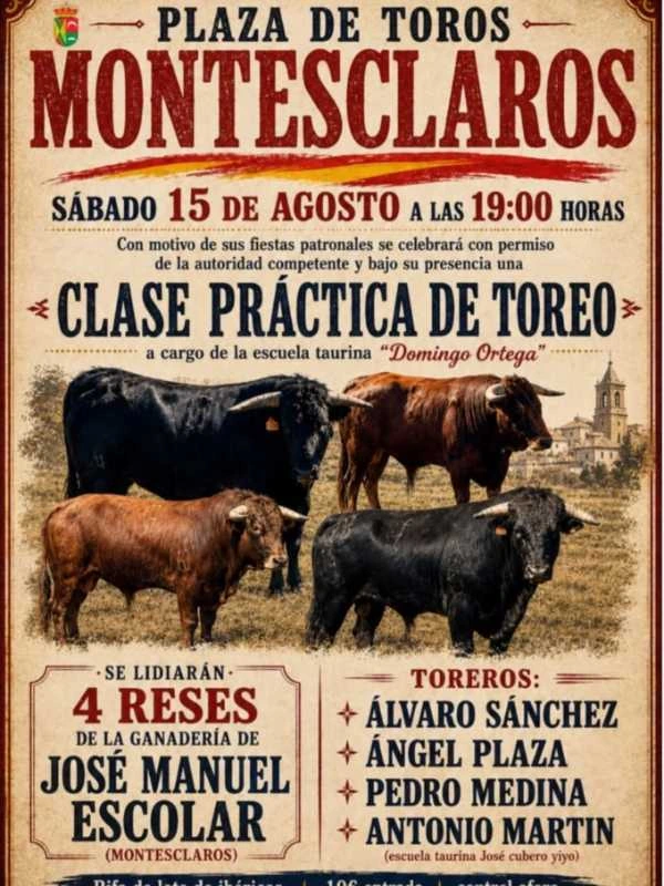 Toledotoros's tweet photo. Montesclaros recupera la tradición taurina con una clase práctica de la E.T. de Toledo en sus fiestas patronales, el próximo 15 de agosto con cuatro reses de la ganadería de José Manuel Escolar. Por los alumnos Álvaro Sánchez, Ángel Plaza, Pedro Medina y Antonio Martín. https://t.co/tH09NzBbXH