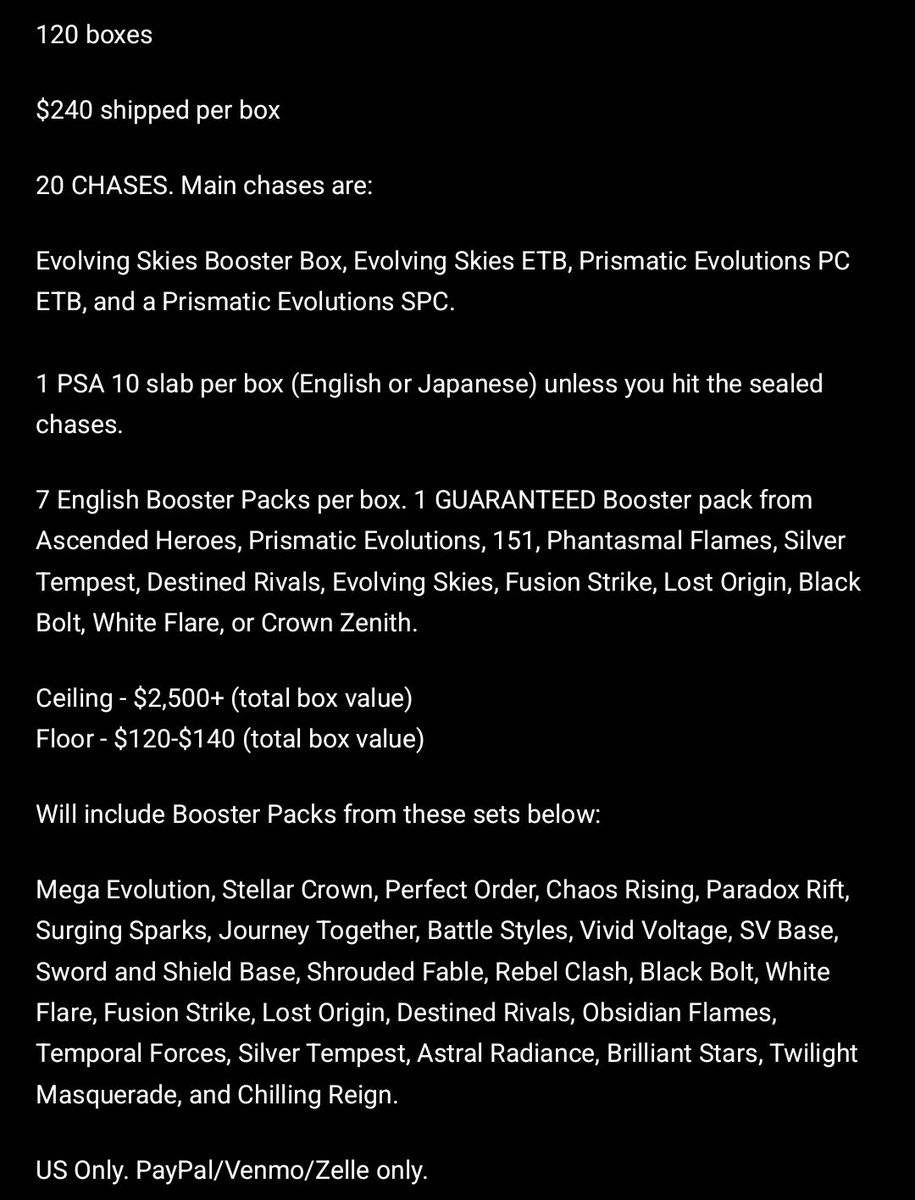 DannypTCG's tweet photo. Who's ready to chase an Evolving Skies Booster Box next week?

All the mystery box chases will be centered around Eevee and it's Eeveelutions.

$240 shipped per box.
120 boxes. 20 chases.

Boxes will go live next Wednesday August 12th at 5 PM Pacific time.

Full details in pictures and video below.