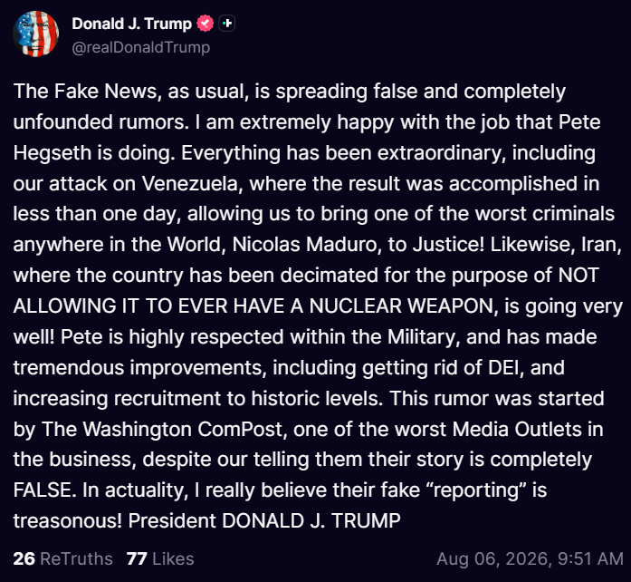 AwakenedOutlaw's tweet photo. RE: Trump &amp; Pete Hegseth

The President puts this oft-recycled rumor to bed. https://t.co/yZnSso5SsK