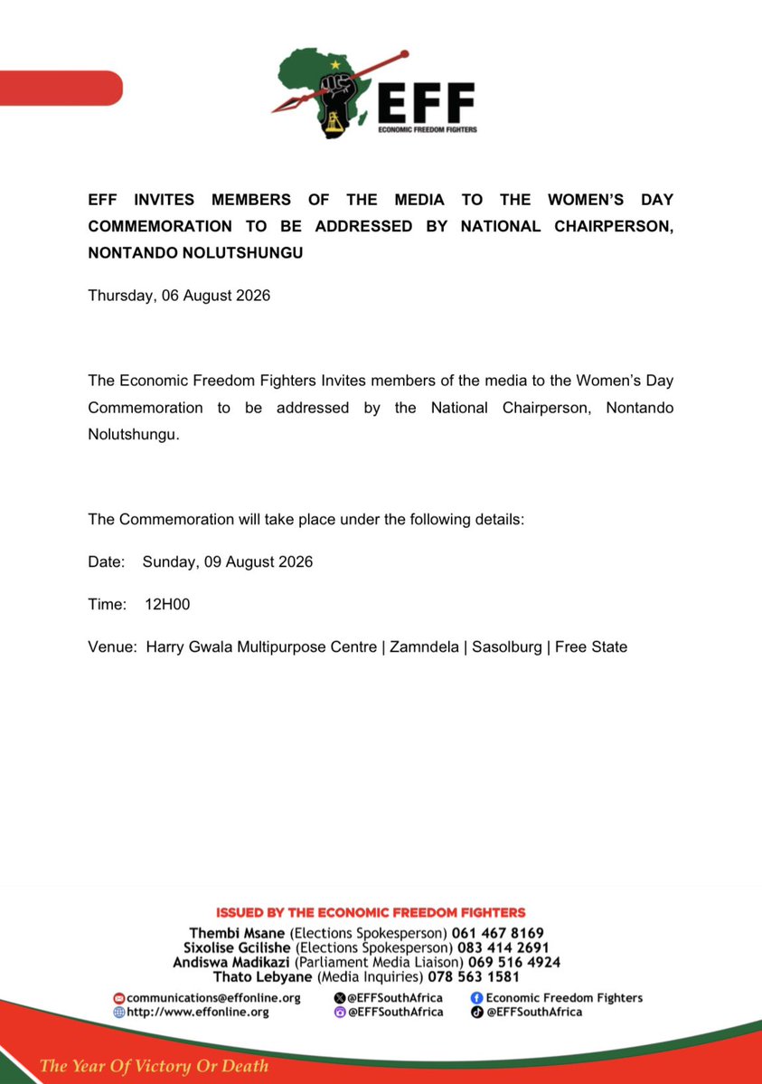 EFFSouthAfrica's tweet photo. EFF Invites Members Of The Media To The Women’s Day Commemoration To Be Addresses By National Chairperson @NolutshunguN 

The Commemoration will take place under the following details:

Date: Sunday, 09 August 2026
Time: 12H00
Venue: Harry Gwala Multipurpose Centre | Zamndela | Sasolburg | Free State