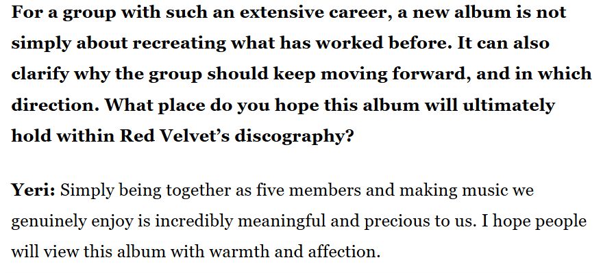 seurrene_'s tweet photo. Yeri: Simply being together as five members and making music we genuinely enjoy is incredibly meaningful and precious to us. I hope people will view this album with warmth and affection.

i’m in this red velvet shit for life 🥹🩷💛🩵💚💜 https://t.co/JTeqnCvvjO