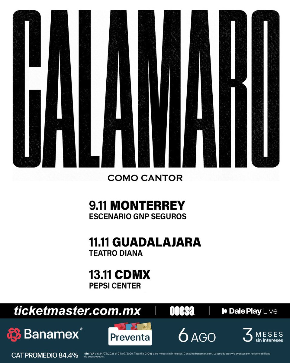 calamarooficial's tweet photo. Preventa exclusiva Banamex en México ya disponible 🇲🇽 

09.11 Monterrey - Escenario GNP Seguros
11.11 Guadalajara - Teatro Diana
13.11 CDMX - Pepsi Center

💳 Venta general con todos los medios de pago disponible mañana viernes 7.8 a las 11 h Mex.

🔗 https://t.co/2Ks95SMfSO https://t.co/e3heYGr6EQ