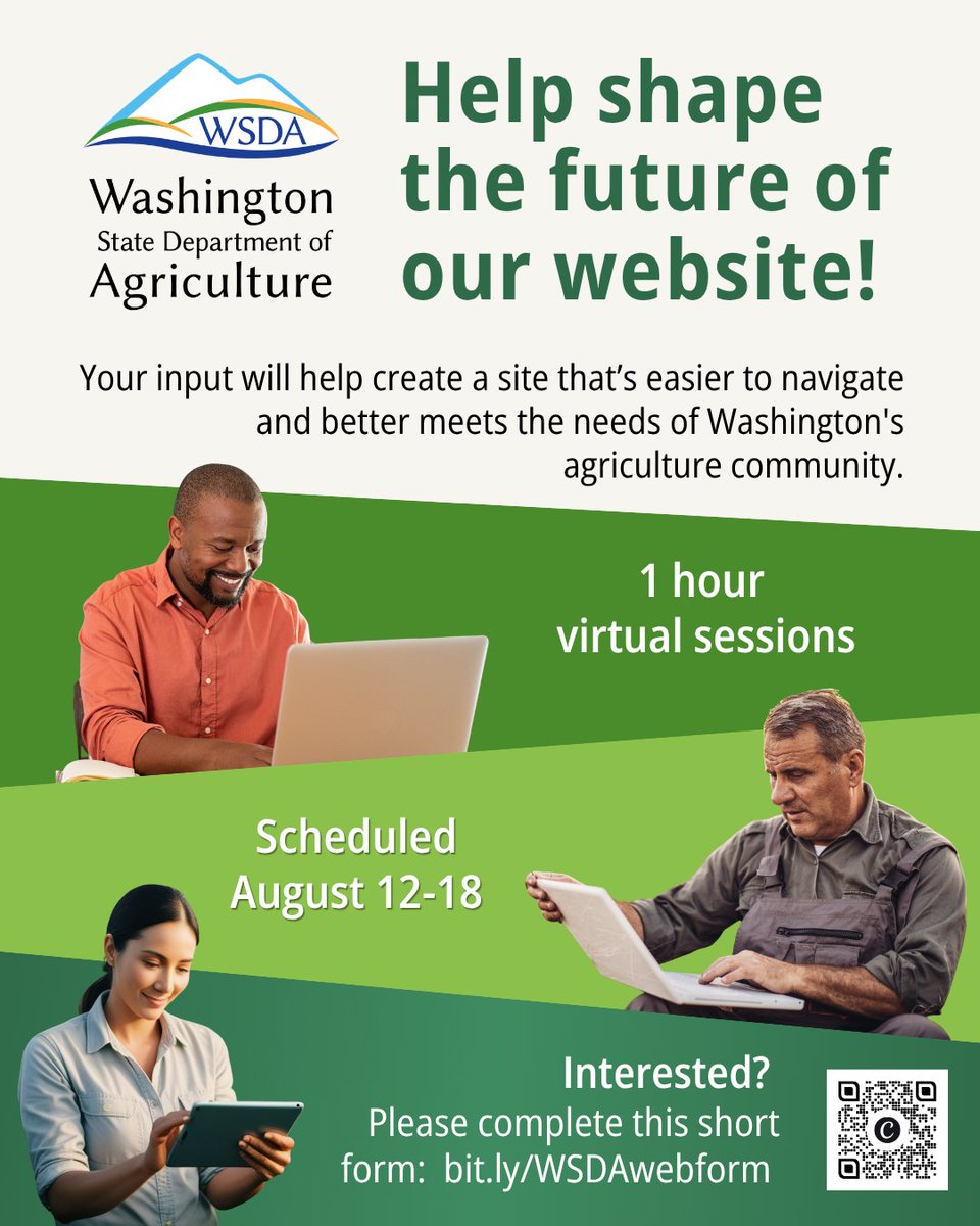 WSDAgov's tweet photo. Help shape the future of our website! WSDA is redesigning its website and is looking for WA farmers, producers, ag businesses, and community members to participate in a feedback session.
Virtual sessions will:
• 1 hour
• August 12–18
Sign up here: https://t.co/hpEwj9BnwQ https://t.co/lFYG6M92WS