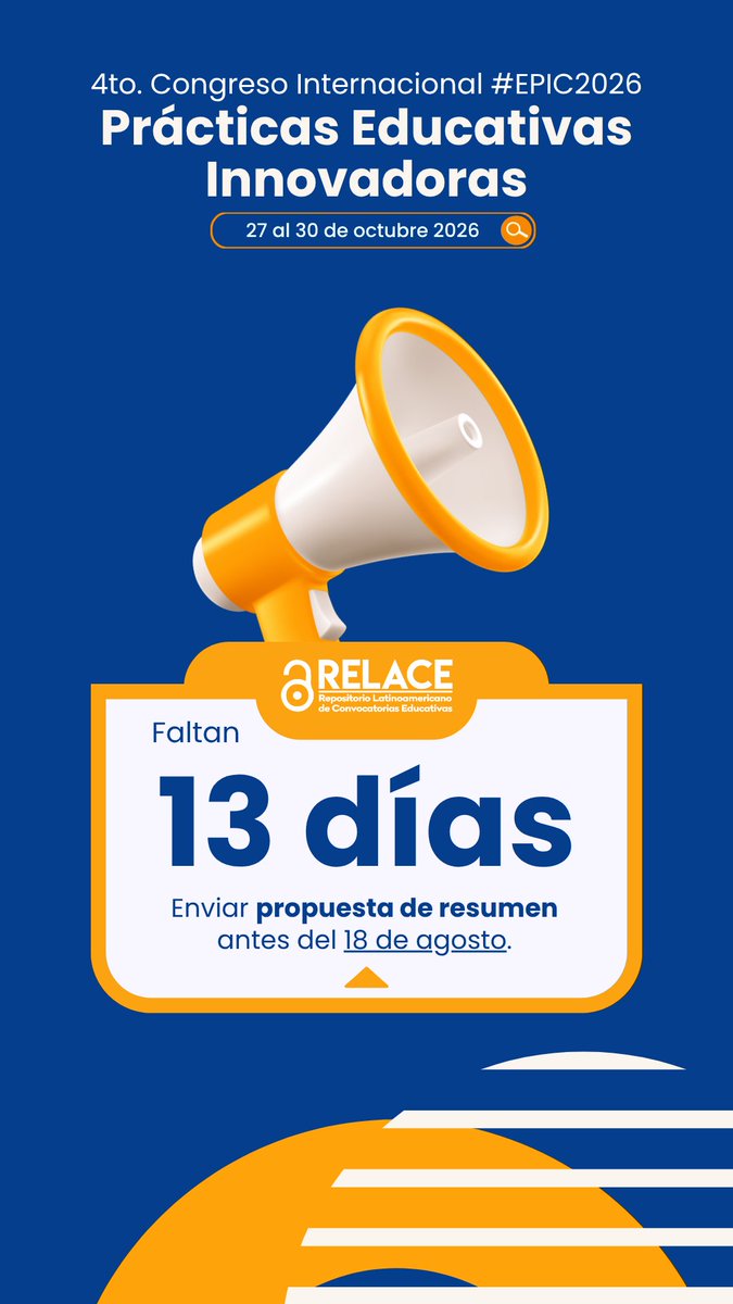 relaceorg's tweet photo. #13Días
¿Tienes una práctica educativa innovadora que merece ser compartida con la comunidad internacional?

📅 antes del 18 agosto 2026
🎓 Modalidad: virtual
📍Envío de propuesta: https://t.co/zSj7j9fUSE

#13días #EPIC2026 #PrácticasEducativas #InnovaciónEducativa #Docentes https://t.co/FTFf3tgUn6