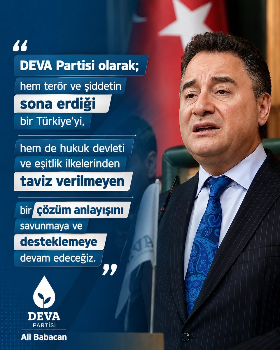 demokrasi25's tweet photo. Ali Babacan:

DEVA Partisi olarak hem terör ve şiddetin sona erdiği bir Türkiye'yi, hem de hukuk devleti ve eşitlik ilkelerinden taviz verilmeyen bir çözüm anlayışını savunmaya ve desteklemeye devam edeceğiz.

#TürkiyeninDEVAsı https://t.co/C1UbbAJH21