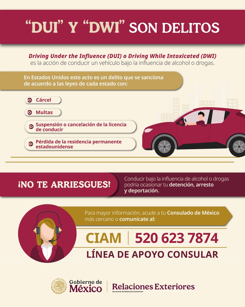 ConsulMexDou's tweet photo. Si vives en EE.UU., manejar con alcohol o drogas es ilegal. Un DUI/DWI puede resultar en cárcel, pérdida de licencia e incluso de tu estatus migratorio.
Para orientación y asistencia consular, comunícate al 520-226-1356. Al Consulado de México en Douglas https://t.co/Qms0dACcXB