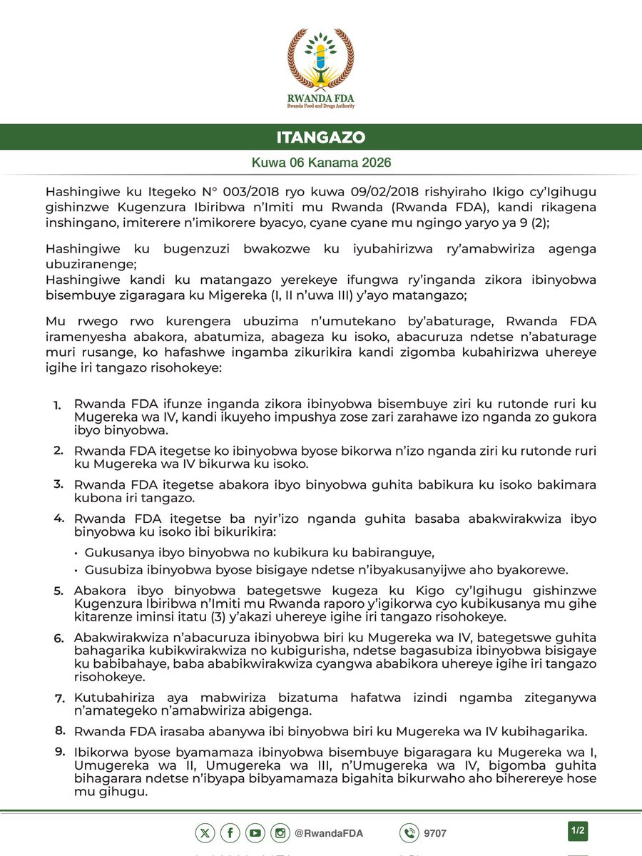 RwandaFDA's tweet photo. Rwanda FDA iramenyesha abantu bose ko yafunze kandi igatesha agaciro impushya zo gukora z’inganda zikora ibinyobwa bisembuye ziri ku Mugereka wa Kane.
————————
Rwanda FDA informs the public of the fourth list of alcoholic beverage manufacturing facilities ordered to cease operations, with their operating licences revoked.