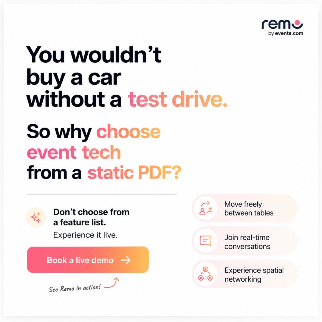 use_remo's tweet photo. PDFs can’t show you real event value. Live experiences do. 💡

Skip the generic sales pitch. Spend a few minutes inside a real Remo floor plan to see how easy it is to bring your virtual events to life.

Ready to test drive Remo? Book a 1-1 demo. Link in comments!

#Remo https://t.co/lubVZhNn6j