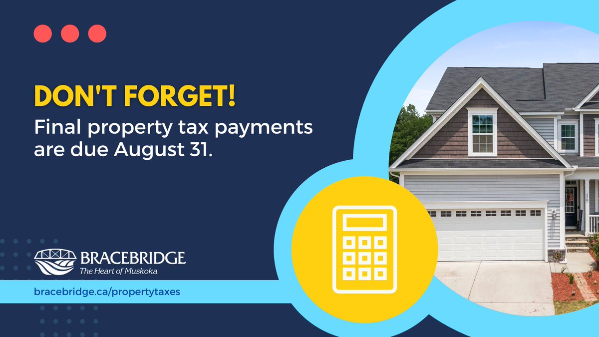 townbracebridge's tweet photo. #DYK you can pay your property taxes online? It’s that easy 

Simply add “BRACEBRIDGE” as a new payee through your financial institution. You’ll need your 15-digit roll number for the account.

Learn more about the options available at https://t.co/7YBkZbs5AC https://t.co/YgSpEIJiwD