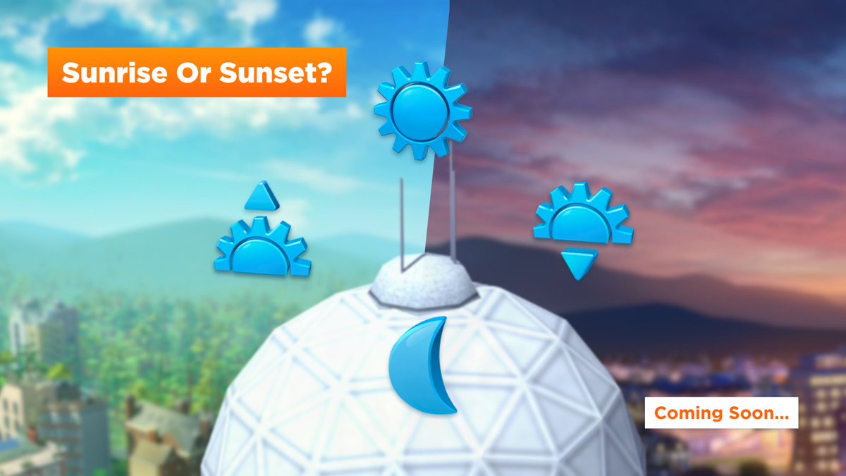 SimCityBuildIt's tweet photo. Hey Mayor!
Are you awake with the early birds, or staying up to see last light?
The rise & fall of the Sun shapes the mood of your cities, but what if the choice was yours...
How would you paint the sky, dawn’s golden light or dusk’s dreamy hues?
#SimCityBuildIt #ComingSoon #PlayTogether