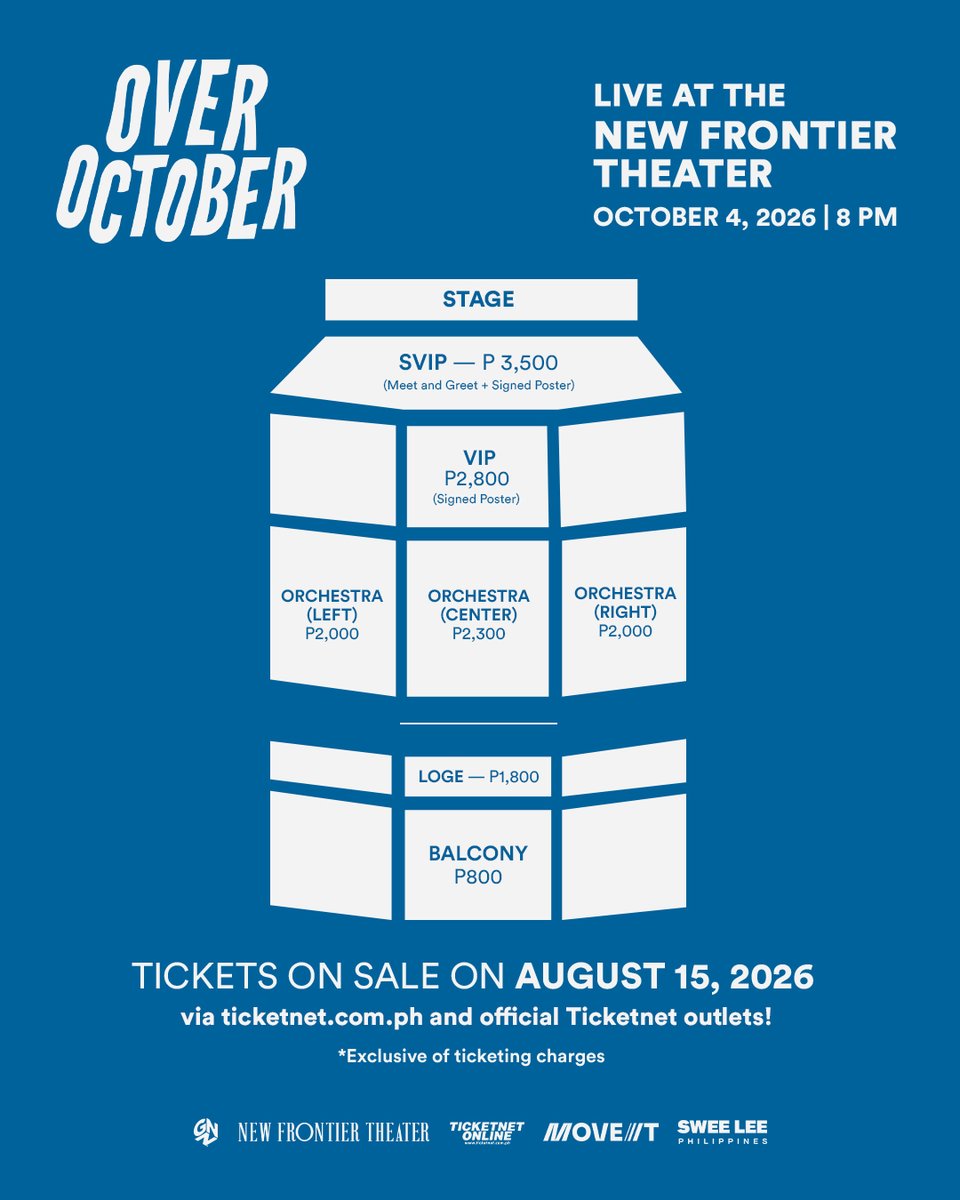 hitineassists's tweet photo. 🎟Over October LIVE at the New Frontier Theater | Ticketing Assistance / Pasabuy / Pasabay / Pabili

SECURE YOUR SLOT HERE:
🔗https://t.co/VCKJkCZScu

TICKETING SCHEDULE
🗓General Onsale: August 15, 6 PM PHT

✅ Limited slots
🧾 #thankstine | #tinesecured
✨ 3,000+ tickets secured

Disclaimer: Service only. We do not sell tickets.

#OverOctober
#tineassists