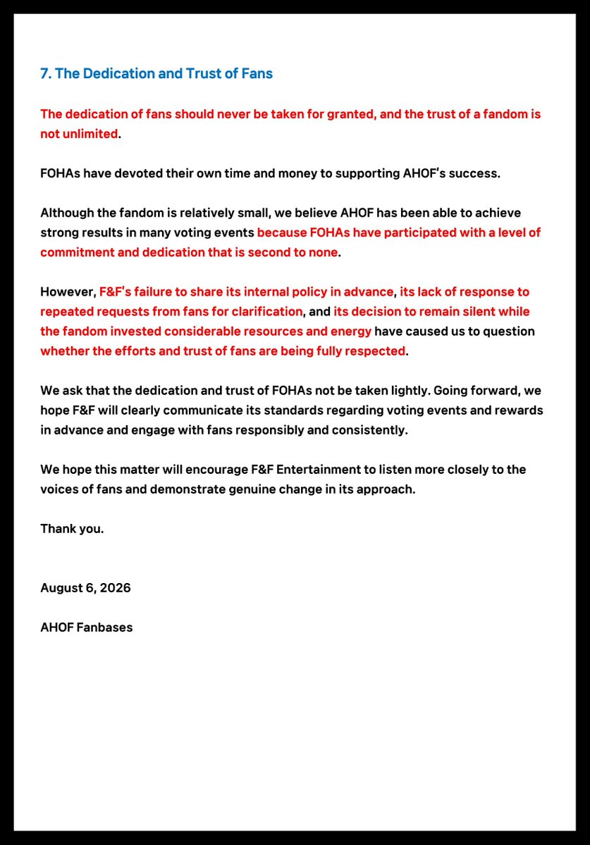 ahofians_unite's tweet photo. We appreciate F&F Entertainment for providing an official response. However, one concern remains at the heart of this matter:

Why was the opportunity for AHOF to participate in the OST ultimately given up? We respectfully wonder whether the absence of prior consultation alone was enough to outweigh an opportunity that could have brought lasting benefits to AHOF's career.

Prior schedule? Appointments can be rescheduled. Opportunities cannot.

AHOF is a rare gem. Please don't place that gem in an ordinary setting when it deserves a crown. While policies provide important guidance, we hope they can also be applied with the flexibility and foresight that exceptional opportunities deserve. Some opportunities have the power to elevate AHOF's artistry, expand their public recognition, and shape their long-term future in ways that routine activities cannot.

If participation was ultimately not possible, we sincerely wish the fandom had been informed earlier. Many fanbases reached out through emails, official channels, and public updates in the hope of receiving guidance. Earlier communication could have prevented unnecessary investment of time, resources, and emotional effort. 

Transparency should be proactive—not reactive. Open and timely communication builds trust, allowing the agency and the fandom to work toward the same goal: helping AHOF reach their fullest potential.

We express our sincere hope that F&F Entertainment will strengthen their communication with the fandom and that future  decisions will be guided by both sound policies and thoughtful flexibility when exceptional opportunities arise.

[📜] Full Statement from the AHOF Fanbases Regarding F&F Entertainment’s Official Response on attached pictures

STOP BLOCKING OPPORTUNITIES FOR AHOF #LetAHOFSingOSTs #RespondFNF
@AHOF_official
@fnfent_official