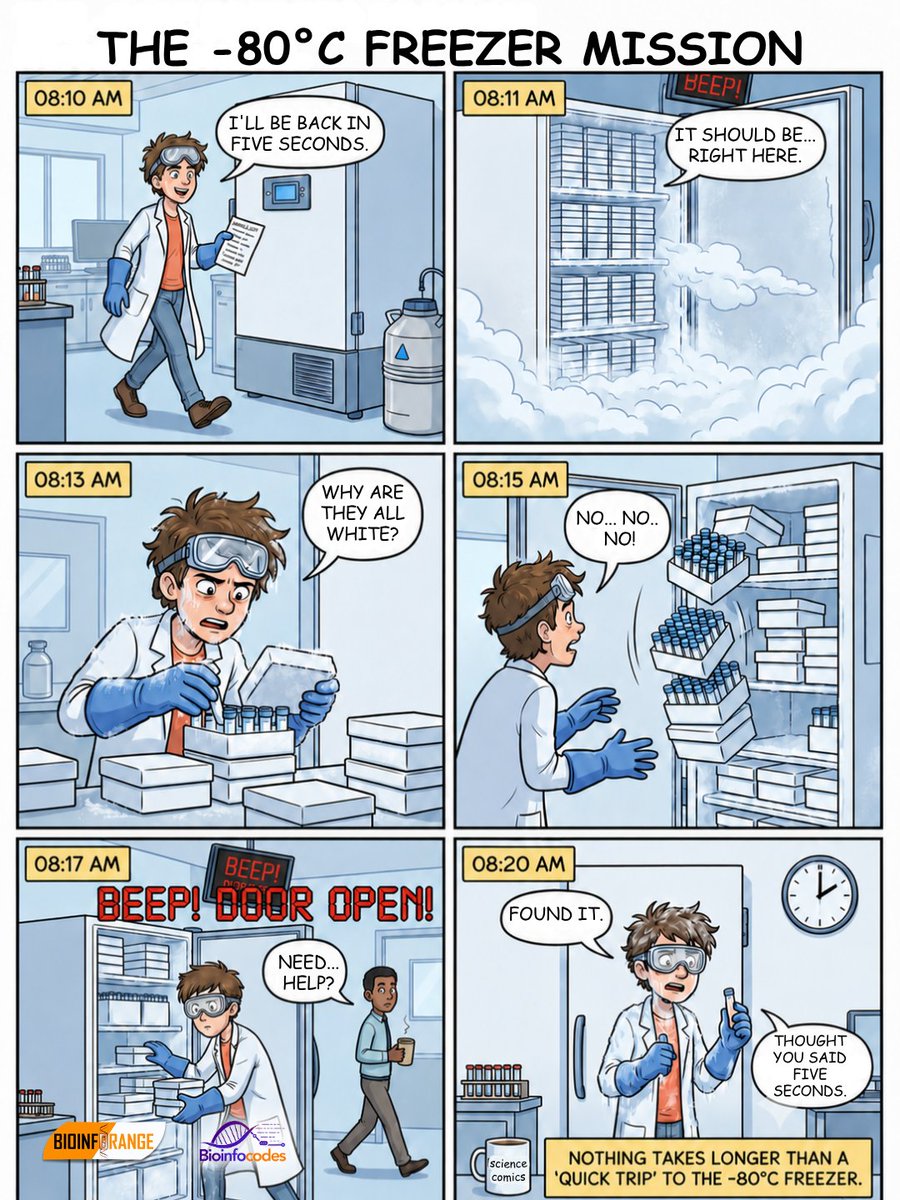 bioinforange's tweet photo. The endless fog. Identical white boxes. Then… the avalanche. 💥
Nothing tests your patience like a "quick trip" to grab one frozen sample.
Visual Design: Gizem Akcagündüz
#lablife #sciencehumor #researchlife #sciencecartoon #bioinforange https://t.co/MVLAuygrxJ
