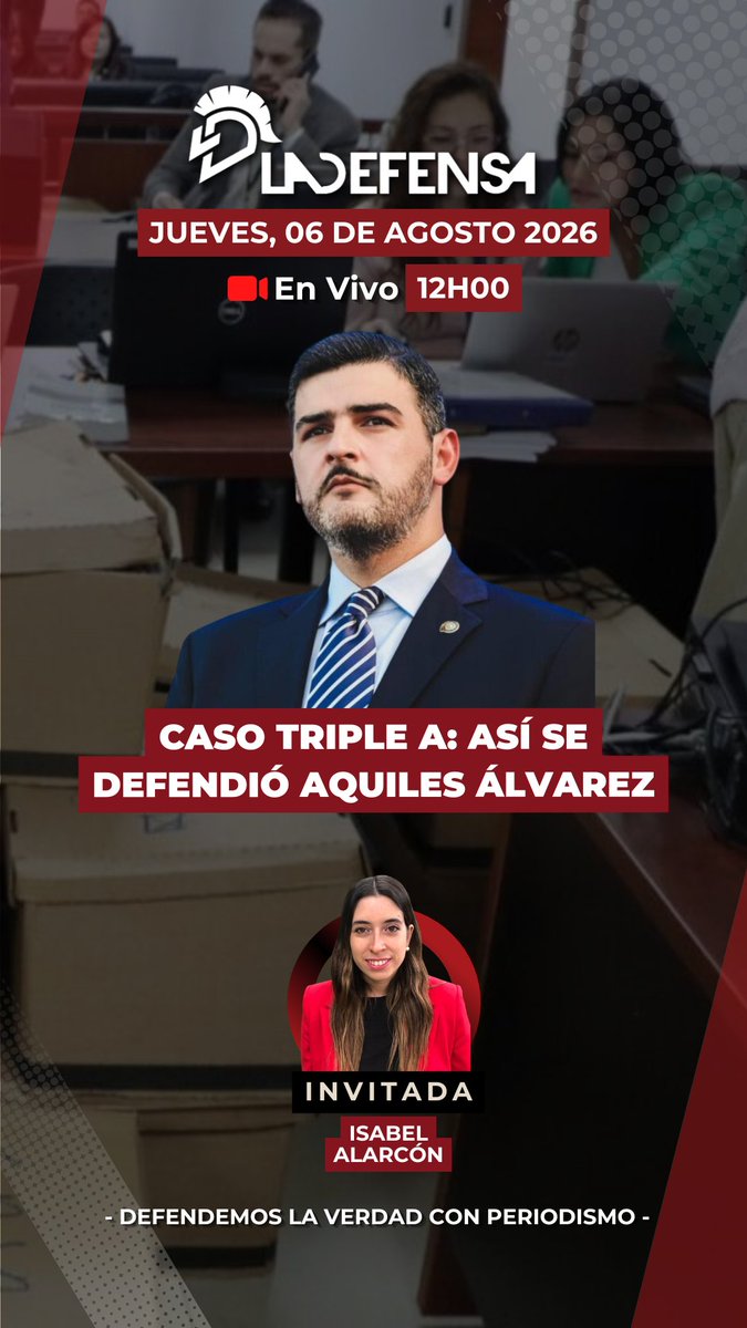 LaDefensaEc's tweet photo. CASO TRIPLE A: ASÍ SE DEFENDIÓ AQUILES ÁLVAREZ

El alcalde de Guayaquil habló durante más de dos horas y media en la audiencia del caso Triple A para responder a los señalamientos de la Fiscalía y sostener por qué, a su criterio, el proceso carece de pruebas que sustenten una acusación en su contra.

En este programa de La Defensa desglosamos, punto por punto, los principales argumentos expuestos por Aquiles Álvarez, los documentos y explicaciones que presentó, y las preguntas que deja una de las investigaciones judiciales más relevantes del país.

Además:
⚡ Caso Progen: la Fiscalía convoca a Fabián Calero.
🗳️ Seccionales 2026: Unidad Popular confirma una alianza con el correísmo.

Entrevista
🎙️ Isabel Alarcón, periodista.
Tema: Las deudas ambientales del Ecuador.

Suscríbete a LA DEFENSA.
 
🎥 ¡Conéctate 12H00

LINK: https://t.co/zx0LQyb9mm

🔍 #CasoTripleA #AquilesÁlvarez #CasoProgen #FabiánCalero #Seccionales2026 #UnidadPopular #Correísmo #MedioAmbiente #LaDefensa #Contralanza