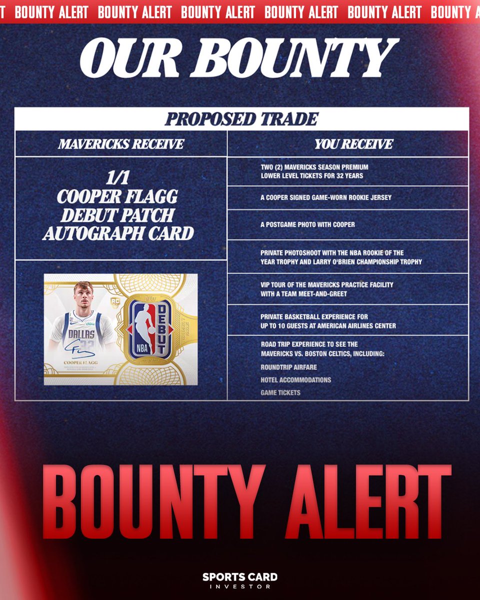 SportsCardInv's tweet photo. 🚨 The Dallas Mavericks have just placed a bounty on Cooper Flagg's 1/1 Debut Patch Auto 🚨

They are offering:

-Two premium lower level season tickets for 32 years
 -A Cooper signed game worn rookie jersey
 -A post game photo with Cooper
 -A private photoshoot with the ROY and Larry O'Brien trophies
 -A VIP tour of the practice facility with a team meet and greet
 -A private basketball experience for up to 10 guests at American Airlines Center
 -A road trip to see the Mavs vs. Celtics with airfare, hotel, and tickets

Would you take this bounty? 👀