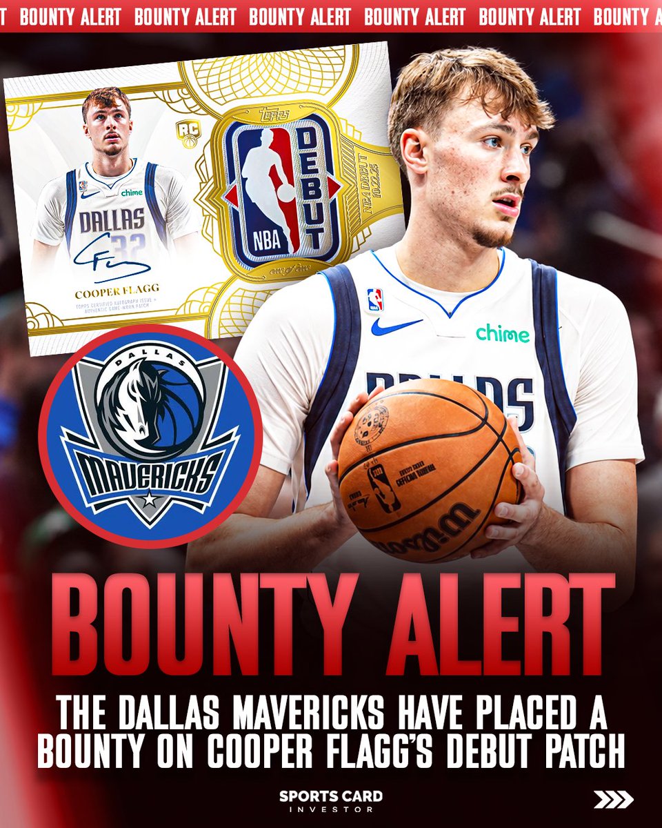 SportsCardInv's tweet photo. 🚨 The Dallas Mavericks have just placed a bounty on Cooper Flagg's 1/1 Debut Patch Auto 🚨

They are offering:

-Two premium lower level season tickets for 32 years
 -A Cooper signed game worn rookie jersey
 -A post game photo with Cooper
 -A private photoshoot with the ROY and Larry O'Brien trophies
 -A VIP tour of the practice facility with a team meet and greet
 -A private basketball experience for up to 10 guests at American Airlines Center
 -A road trip to see the Mavs vs. Celtics with airfare, hotel, and tickets

Would you take this bounty? 👀