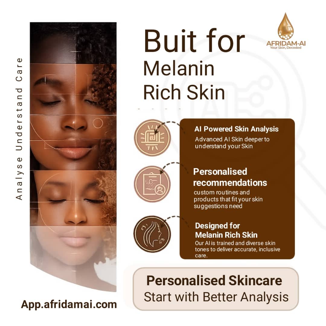 Afridam_AI's tweet photo. Most skincare models overlook rich skin tones. AfridamAI uses advanced AI analysis to deliver custom routines and accurate, inclusive care.
Decode your skin today: https://t.co/l4CEoj7dwq
#AfridamAI #MelaninSkincare #AISkincare #YourSkinDecoded #InclusiveBeauty https://t.co/Nr2j3hv10W