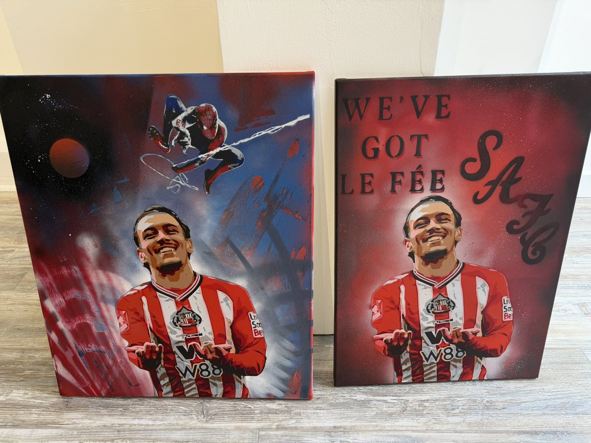 SaraBerry846014's tweet photo. People asked for more of Enzo Le Fee.  Here is my art.  @SunderlandEcho @CWaters_SAFC @SunderlandUK @SAFCWomen @SunderlandAFC 

My art by Jack Berry Art 2026 and Lewis Hobson of Durham Spray Paints 

Please share I want to know if our club Spider-Man likes my work https://t.co/yWn4mIknla