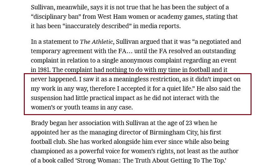 RippleEffectUK2's tweet photo. #DavidSullivan LIES!

DS told @TheAthletic @FA ban preventing contact with girls &amp; women related to:

- A single anonymous complaint
*actually highlighted multiple SA concerns

- "Suspension had little impact as HE DID NOT interact with the women’s or youth teams in any case" ⬇️ https://t.co/EkibSzbDAA