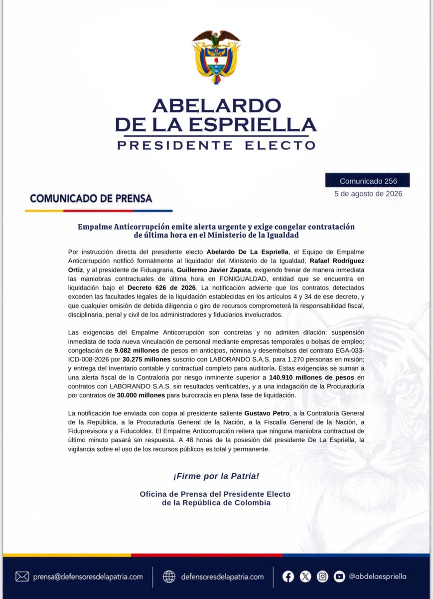 lafm's tweet photo. 🔵 El equipo de Empalme Anticorrupción del presidente electo, Abelardo de la Espriella, emitió una alerta urgente por presuntas contrataciones de última hora en el Ministerio de la Igualdad, actualmente en liquidación.

Según el comunicado, solicitaron suspender nuevas vinculaciones, congelar anticipos y desembolsos por más de $30.275 millones y advirtieron sobre contratos que superarían los $140.910 millones. Además, anunciaron que notificaron a la Contraloría, Procuraduría y Fiscalía.