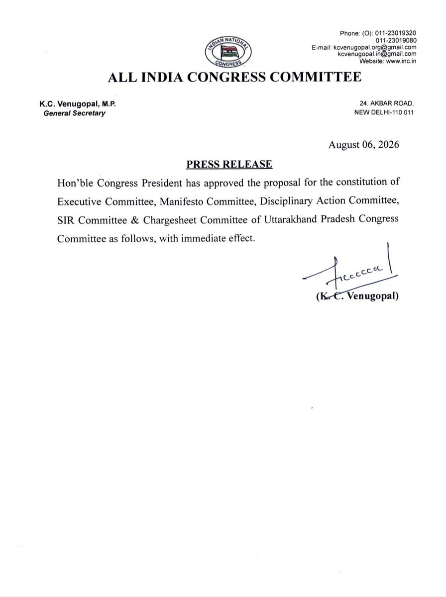 INCSandesh's tweet photo. Hon'ble Congress President has approved the proposal for the constitution of Executive Committee, Manifesto Committee, Disciplinary Action Committee, SIR Committee &amp; Chargesheet Committee of Uttarakhand Pradesh Congress Committee as follows, with immediate effect. https://t.co/qQAKKH0HgC