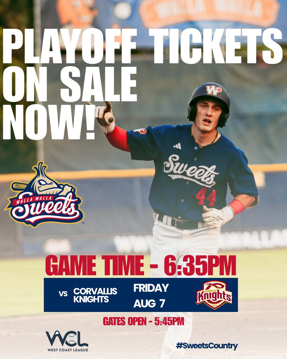 WWSweets's tweet photo. PLAYOFF TICKETS ARE ON SALE!

Grab your seats for Game 1 against the Corvallis Knights for this Friday, August 7.

First Pitch at 6:35pm
Gates Open at 5:45pm

Purchase Link - https://t.co/K1n22Zym9O 

See you at Borleske Friday Night!

#SweetsCountry https://t.co/X6Lxu6bBmm