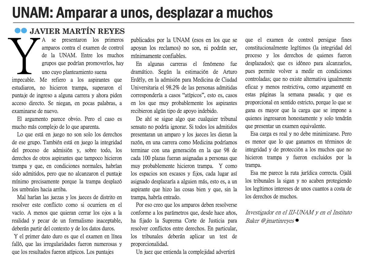 jmartinreyes's tweet photo. Por supuesto que hay estudiantes que ingresaron a la @UNAM_MX sin hacer trampa.

Pero también hay estudiantes que fueron excluidos porque otros hicieron trampa.

Resolver los #amparos considerando a unos y no a otros sería un gravísimo error: 🔻

🔵 https://t.co/4rHfJvQE1J https://t.co/QgaoXUfwXR