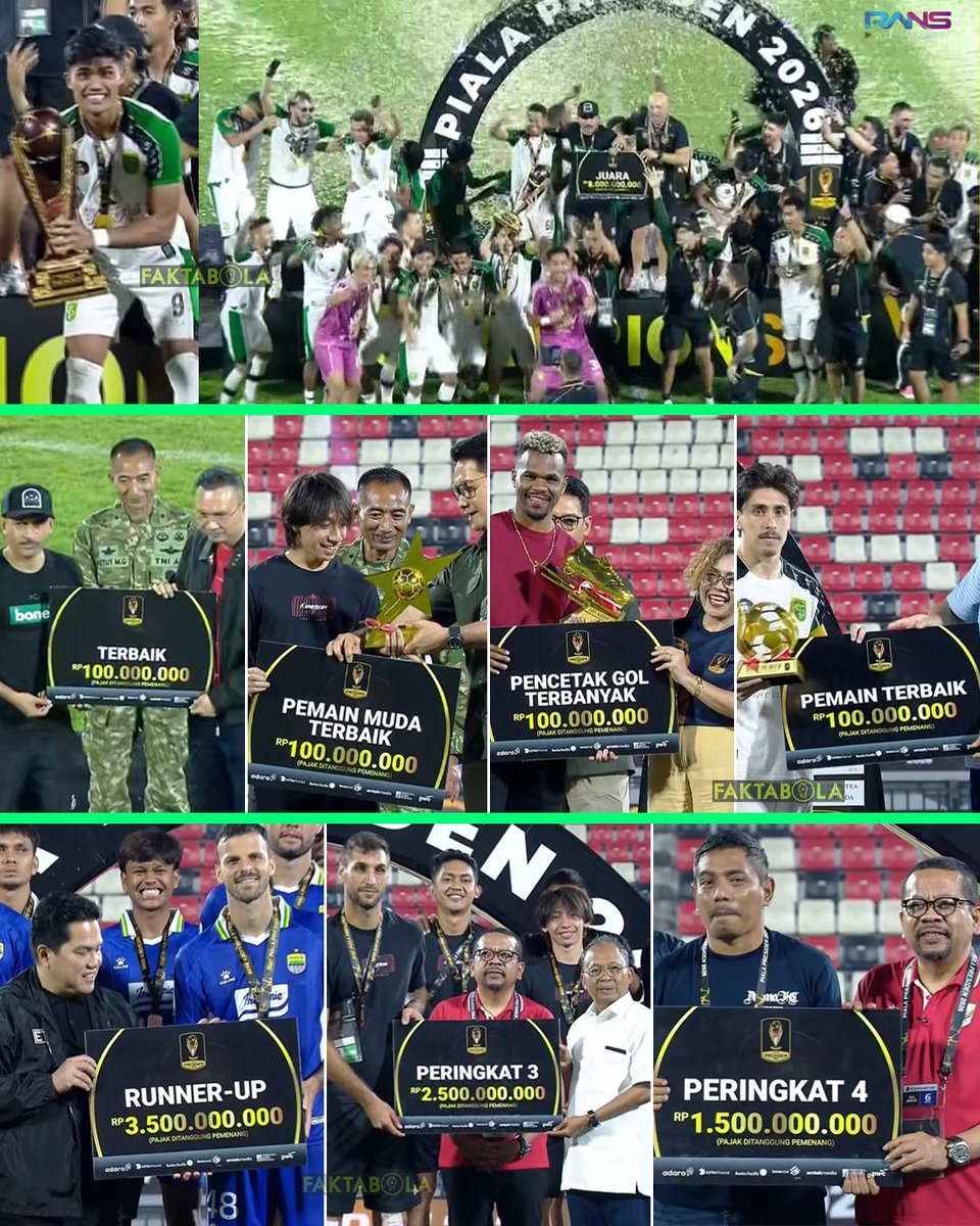 FaktaSepakbola's tweet photo. Selamat Persebaya Surabaya atas gelar juara Piala Presiden 2026 🏆 dan dapat hadiah 8 miliar. 

Juara: Persebaya Surabaya
Runner-up: Persib Bandung
Peringkat 3: Persija Jakarta 
Peringkat 4: Arema FC

Supporter terbaik: Supporter Persebaya 
Pemain muda terbaik: Arlyansyah Abdulmanan
Pencetak gol terbanyak: Gustavo Henrique
Pemain terbaik: Francisco Rivera