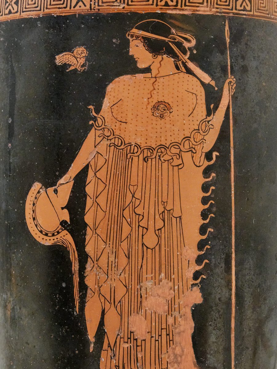 archaeologyart's tweet photo. Athena holding a helmet and a spear, with an owl. Attic red-figure lekythos. Collection: Metropolitan Museum of Art https://t.co/LUQJQksA0T