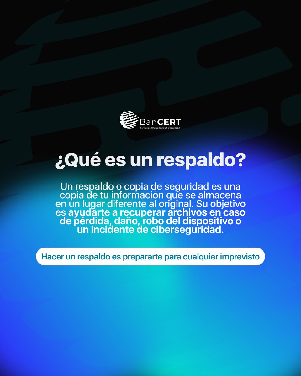 BanCERT_gt's tweet photo. 💾 La información que generas todos los días tiene un valor que muchas veces solo reconocemos cuando la perdemos. Documentos, fotografías, proyectos o bases de datos forman parte de tu vida digital y merecen estar protegidos. https://t.co/RHQjExm9Nk