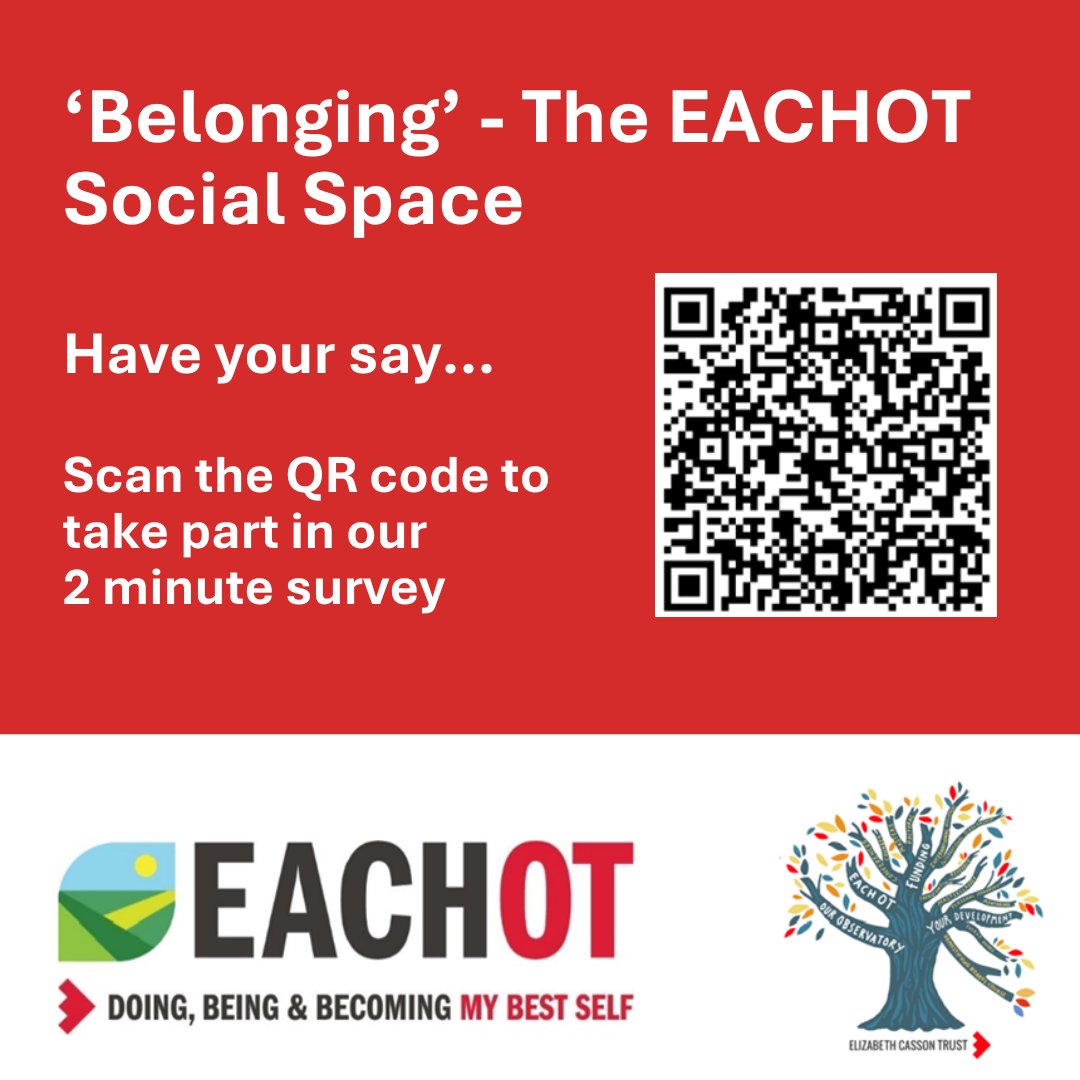 ElizabethCasso1's tweet photo. If you have two minutes to spare, we'd love to hear your thoughts on the EACHOT Social Space: 'Belonging'.

The survey closes at 5pm on Thursday 13th August 2026.

Go to the survey here: https://t.co/txg161JU1Y or scan the QR code.

#EACHOT #OTs #BeMoreElizabeth https://t.co/bYQptMh9qA