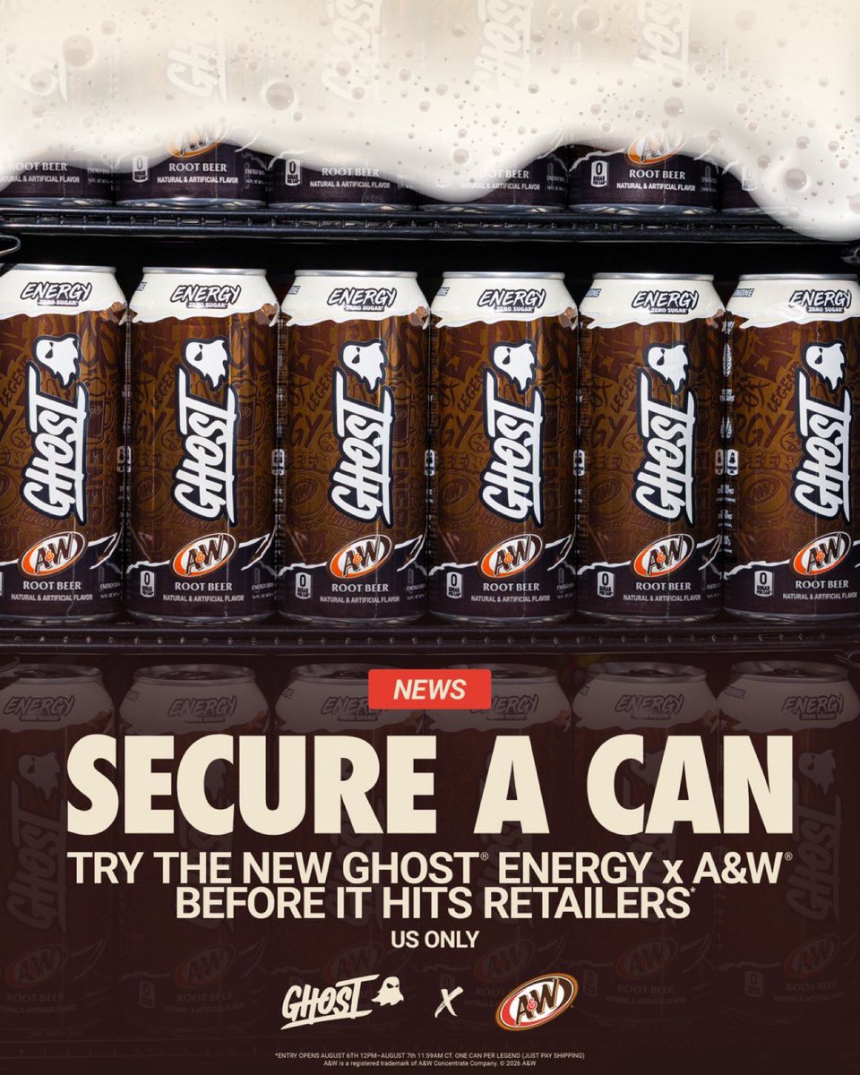 GhostLifestyle's tweet photo. Be one of the first to cop a can of GHOST® ENERGY x A&W® by entering to SECURE A CAN on the GHOST® App and Site where you will be prompted to submit your name, email address & payment method between Thursday, August 6th @ 12PM to Friday, August 7th @ 11:59AM CT (US only).

Selected entrants will be notified after the Secure a Can entry period closes.
