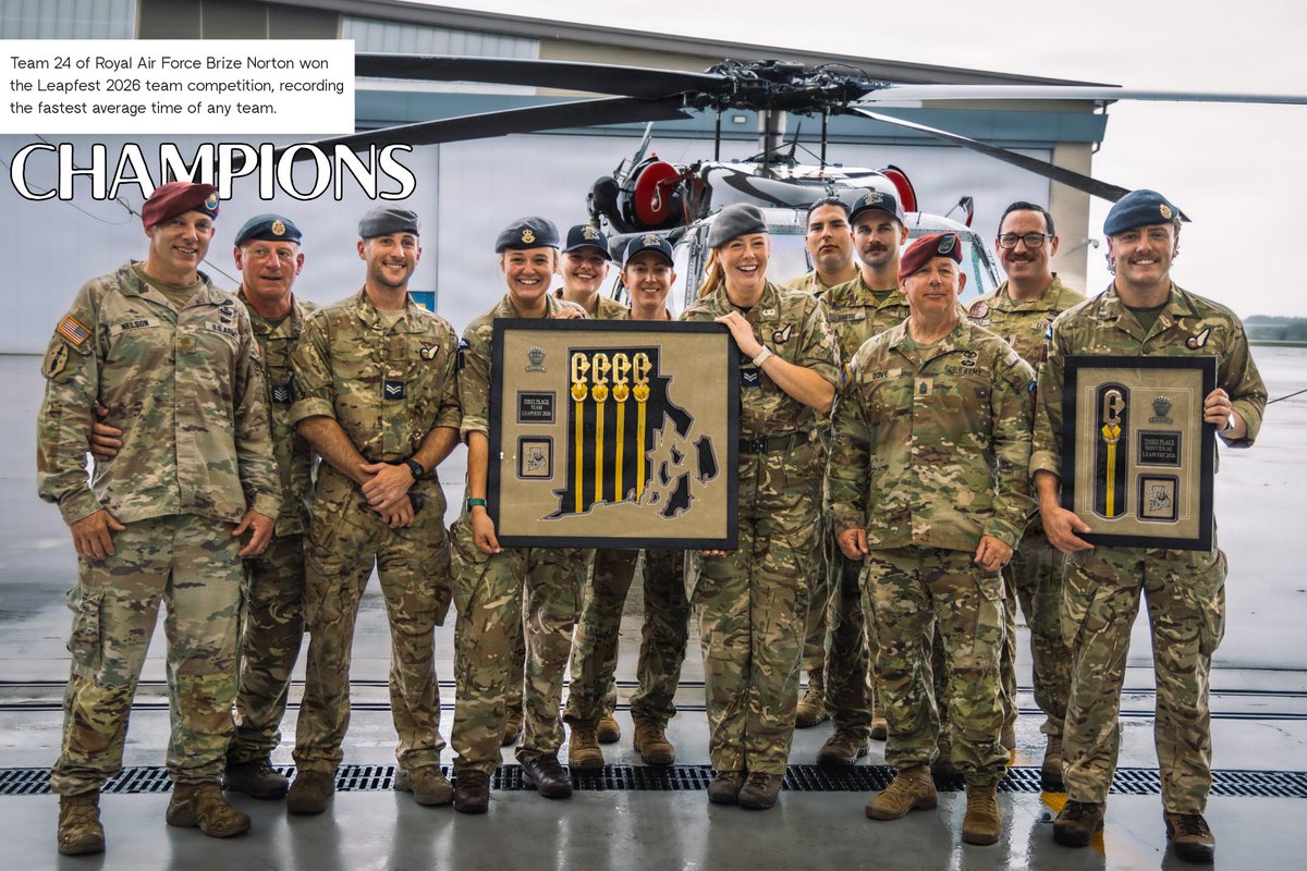 UKdefenceUS's tweet photo. Team 24 came, jumped and won🪂

@RAFBrizeNorton took 1st place at Leapfest 2026, the world’s largest international static line parachute competition. Cpl Tate Budge also finished third individually.

Thanks to @RINationalGuard for hosting and congrats to all participants! https://t.co/fjExnpNDlA