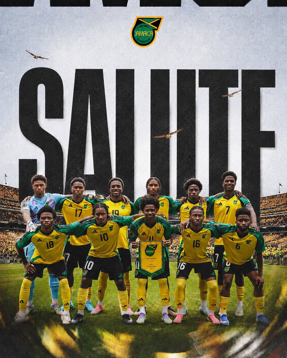jff_football's tweet photo. SALUTE 🫡🇯🇲

To our U-20 Reggae Boyz—thank you for your fight, commitment and pride 🫡🇯🇲

Sponsored by
@adidasfootball @adidas @officialwata @trushakeja @poweradejamaica 

#ReggaeBoyz #U20Championship #ConcacafU20 #JamaicaFootball #JFF https://t.co/WNKPgtbXph