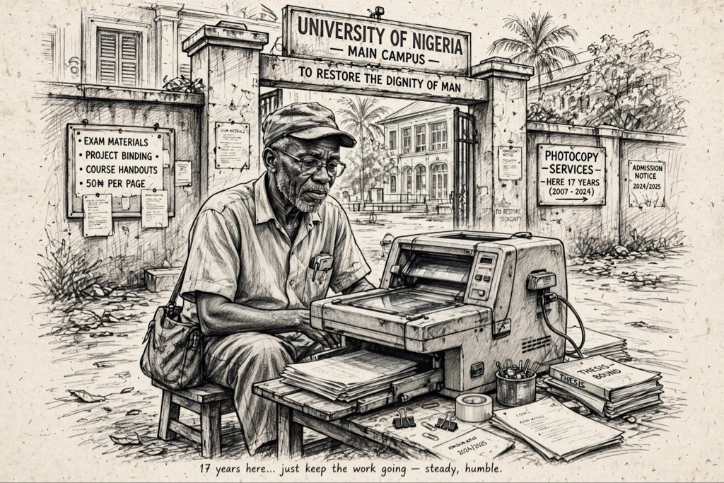 Mramy9's tweet photo. 🧵: THE PHOTOCOPY MAN
The photocopy man in front of my school has been there for 17 years.
Same machine. Same small stool.
I asked him: "Sir, why you never open big shop?"
His answer made me draw him. https://t.co/Pfrj0e0tya