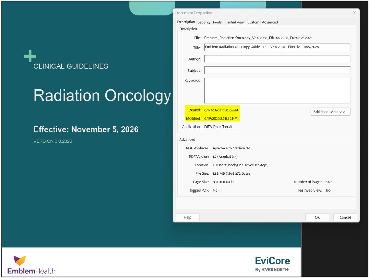 drbeckta's tweet photo. Let's keep adding context, but from a different angle:

EviCore was formally created in 2014/2015 through a merger of MedSolutions and CareCore National.

The oldest EviCore radiotherapy guidelines I personally have archived is from 2019. I believe this was close to, if not THE first...but they make this difficult to find (for obvious and shady reasons).

But we can say with certainty that EviCore themselves deemed LDRT for osteoarthritis "medically necessary" at least as far back as 2019.

So what changed?

Well, though LDRT started its journey of rediscovery in America in 2020/2021, it was still relatively unknown to the public and uncommonly performed in American clinics.

Because LDRT, you know, actually works - more and more of us started to offer it, and patients have the ability to like...talk to each other.

In my own practice, for example, I have never once advertised. All of my LDRT patients are word of mouth self-referrals, or referrals from local doctors after they saw me treat their other patients.

Naturally, as this happened across the country, the public took notice.

In 2025, the radiotherapy professional society ASTRO made benign disease/LDRT the theme of their yearly conference.

As you can see from the Google Trends data, Americans searching for "low dose radiation therapy" really took off in early 2025 - and kept going.

Recently, this culminated in an article appearing on NBC's "Today" website, authored by @LaVarsovienne.

It was a classic, feel-good story of LDRT literally making a person, well...feel good.

This article was published on June 16th, 2026, at 1:08PM.

As seen in the Google Trends data, June 2026 is currently the absolute pinnacle of public interest in LDRT. 

Which makes sense. "Today" is a massive, international platform. A lot of people saw it.

Almost certainly the people at EviCore saw it.

Which is why the PDF metadata of EviCore's latest guidelines - the one where they abruptly reverse course on LDRT - is extremely interesting.

What are the chances that this PDF was created on June 17th, 2026, at 11:13AM?

As in: 22 hours after one of the biggest platforms in the world runs a story on the benefits of LDRT, the largest benefits manager in the country creates the PDF of their newest guidelines, reversing course on covering this exact treatment, after explicitly covering it for nearly a decade? 

Based on a fraudulent AI slop meta-analysis paper?

Really?

I mean sure, it COULD be a coincidence.

Or it could be that EviCore had already drafted most (all?) of this new version, saw this "Today" article drop on a Tuesday, internally said "nope, shut it down", and within 24 hours created this nonsensical non-coverage.

That's quite a coincidence for a company known to utilize their own AI platforms to make immediate, slash-and-burn decisions.

Within that context, it could be considered a consistent pattern of behavior.

Has anyone re-read that @statnews investigation into EviCore lately? The one from last year?
 
It's certainly compelling!