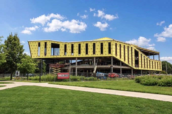 Exterior view of the future UIS Library Commons under construction on the University of Illinois Springfield campus.