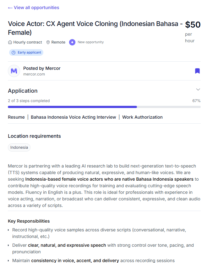 chizzchib's tweet photo. ✨ Wih, $50/jam dari garap voice actor &amp; AI training?! 

Buat temen-temen, khususnya perempuan yang hobi / punya pengalaman voice acting, dubbing, atau narasi, neeh lagi ada project remote keren banget dari Mercor kerja sama sama lab AI global. https://t.co/2RUef6z9rz