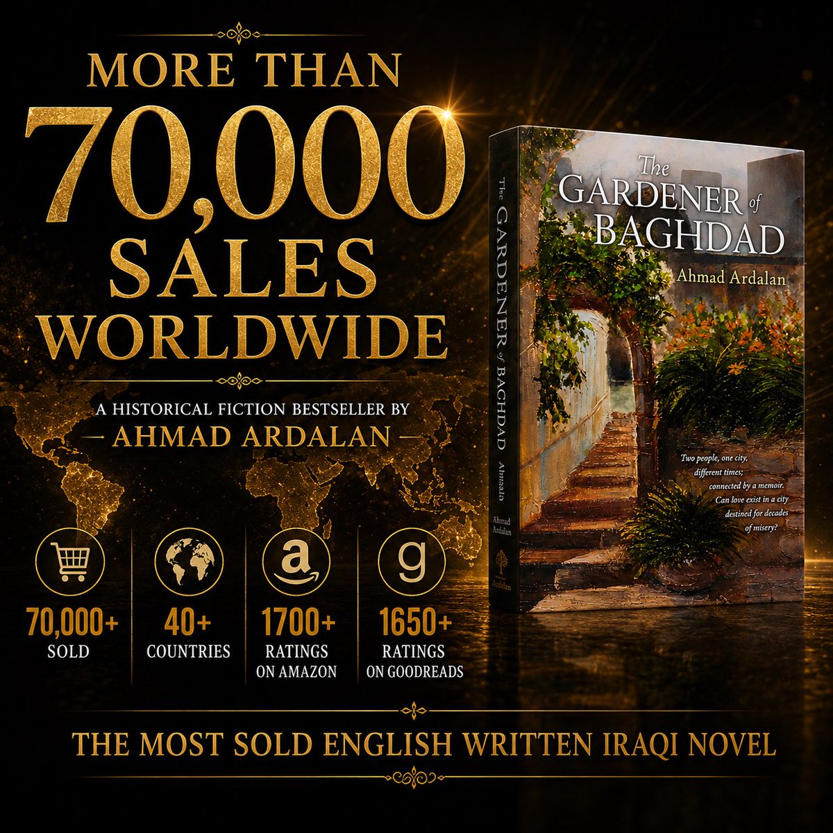 Ardalan_Ahmad's tweet photo. There’s something special about watching a story travel farther than you ever imagined.

What began as an independent novel has now reached more than 70,000 readers across 40+ countries, proving that stories don’t need the backing of a major publisher to find their audience—they need readers willing to take a chance.

To everyone who bought a copy, left a review, recommended it to a friend, or simply believed in the journey: thank you. This milestone belongs to all of us.

If you haven’t discovered The Gardener of Baghdad yet, perhaps this is your sign.

#booktwitter #BookLovers #HistoricalFiction #BookRecommendation #ReadingCommunity