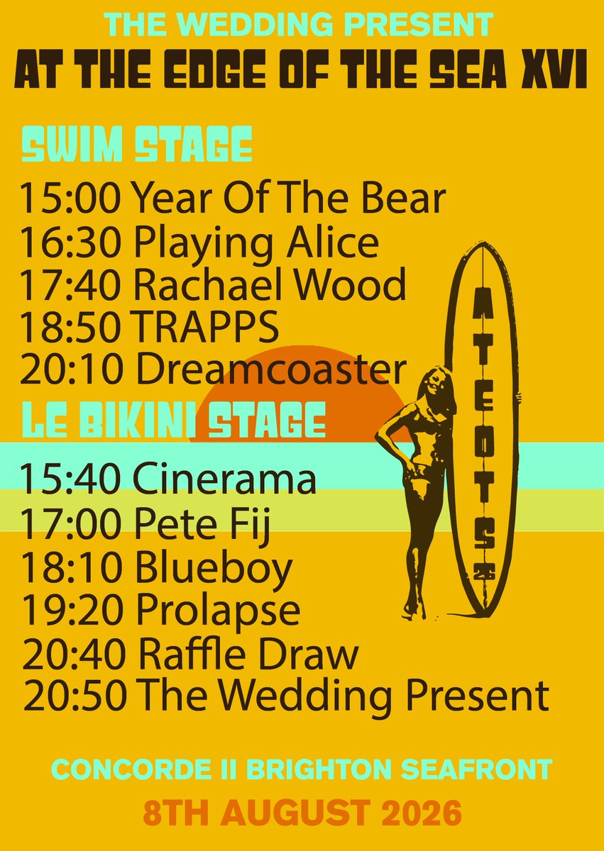 weddingpresent's tweet photo. At The Edge Of The Sea takes place this Saturday, 8 August [3PM – 10PM]. Tickets have sold out but you can watch [and re-watch] The Wedding Present, Cinerama, Prolapse, Blueboy, Pete Fij, plus many others on our live stream [until the end of the month]. https://t.co/t2VkKPnxUj https://t.co/3tg7C5pkgv