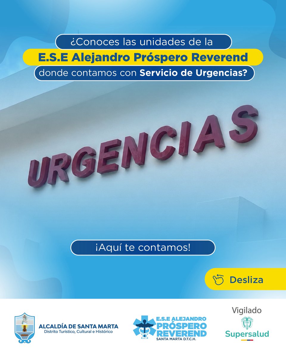 ESEALPROREV's tweet photo. 🚨 En caso de una urgencia, acude a la unidad de atención más cercana. La E.S.E. Alejandro Próspero Reverend presta este servicio en Bonda, Taganga, Minca, Bastidas, La Paz, Guachaca, Gaira, IPC La Candelaria y Clínica La Castellana. 🏥💙 #NosUneLaSalud 
@SantaMartaDTCH https://t.co/Swsca9rOnW