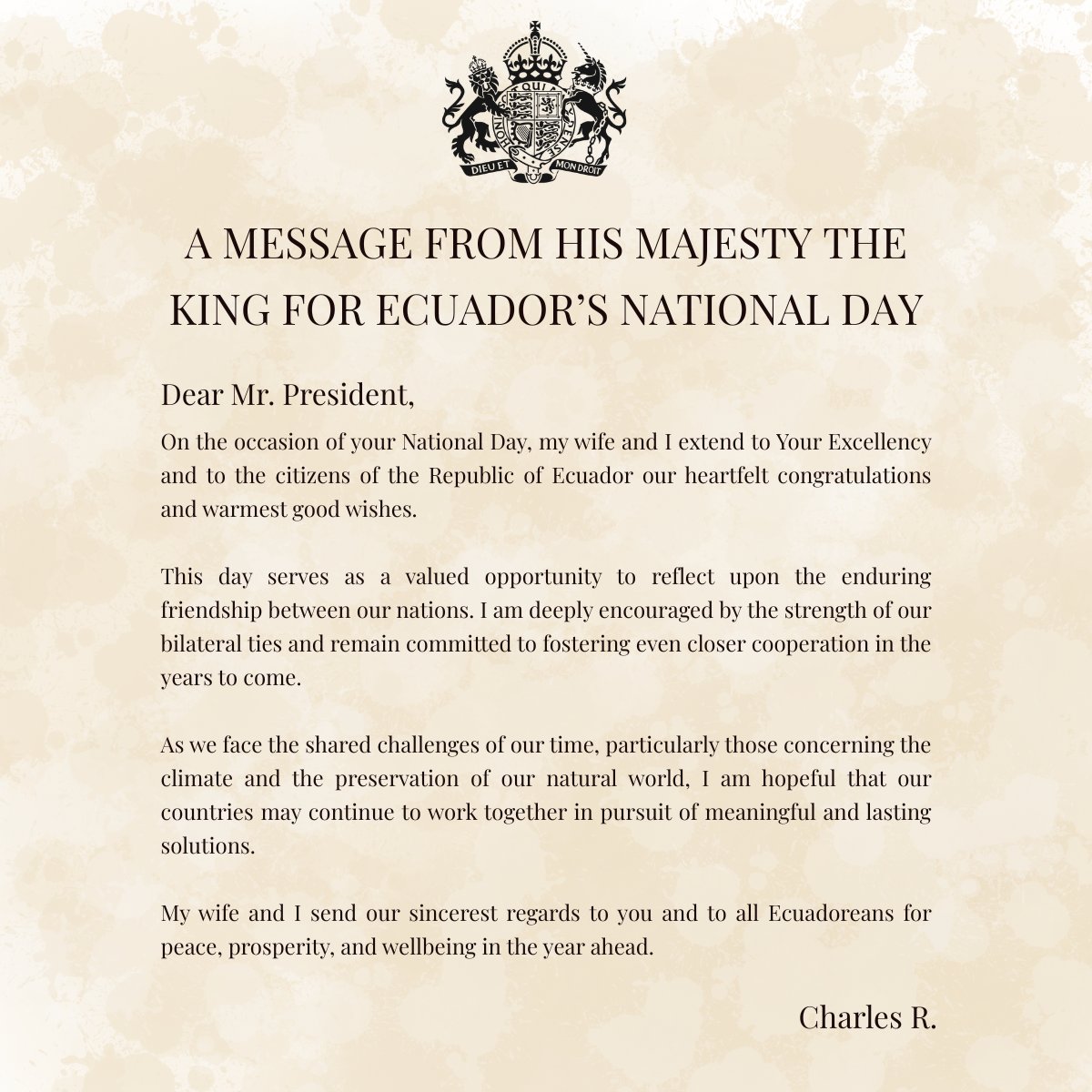 UKinEcuador's tweet photo. 👑🇬🇧 Compartimos el mensaje de Su Majestad el Rey Carlos III con motivo del Primer Grito de Independencia del 10 de agosto. 🇪🇨
@RoyalFamily @Presidencia_Ec @CancilleriaEc @ComunicacionEc https://t.co/9YrZHNhJU7
