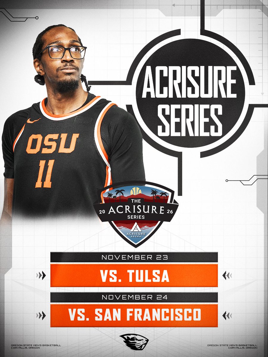 BeaverMBB's tweet photo. Our matchups are set for the 2026 Acrisure Series!

The Beavers will take on Tulsa and San Francisco in Palm Spring this November.

#GoBeavs https://t.co/IDQze26ylW
