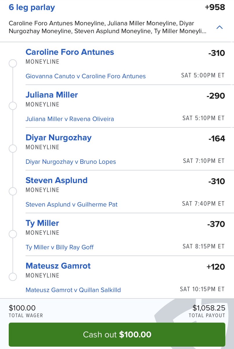 TheMMAGuyy's tweet photo. 🥊UFC VEGAS LOTTO PARLAY🥊

6 Legs +958

$100->$1058

#UFCVegas120 #UFC330 https://t.co/jrCzBHye4B
