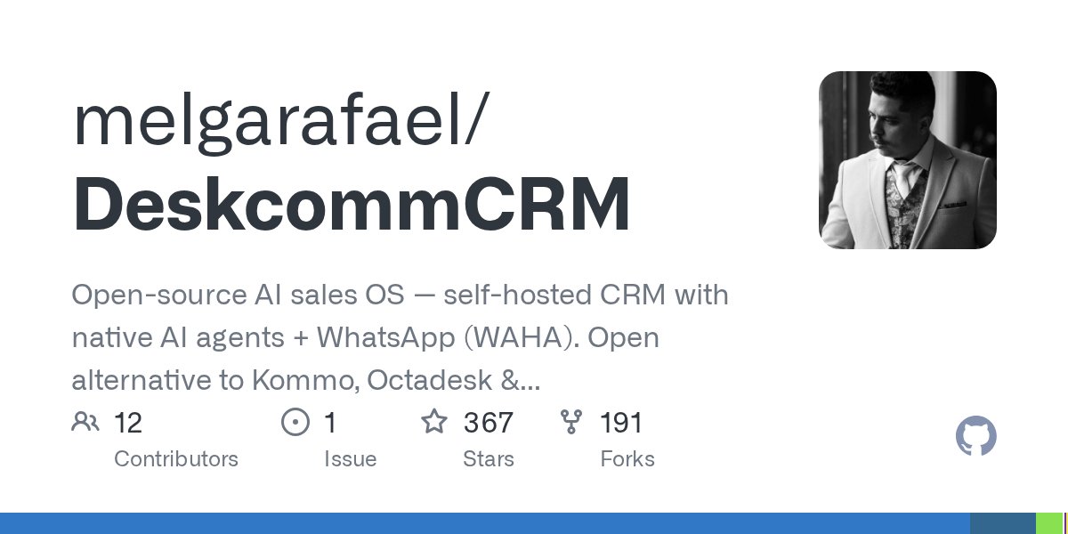 N0V4Dev's tweet photo. If you're tired of high monthly fees for WhatsApp CRMs, check out DeskcommCRM. It's an open-source sales OS built with TypeScript and Next.js. You can self-host it to keep full control of your data while using native AI agents to handle chat sales.

The project is MCP-ready and handles multi-tenancy right out of the box. It uses WAHA for WhatsApp integration and includes probabilistic identity to unify contacts across different channels. It also follows LGPD requirements with automated data export and cascading anonymization.

It's built for scale with an adapter pattern for e-commerce. It already supports Nuvemshop and has paths for VTEX and Shopify. You can deploy the whole stack to a VPS using a single command provided in the setup kit.
https://t.co/q2vYSdEo3k
#OpenSource #CRM #TypeScript #WhatsApp