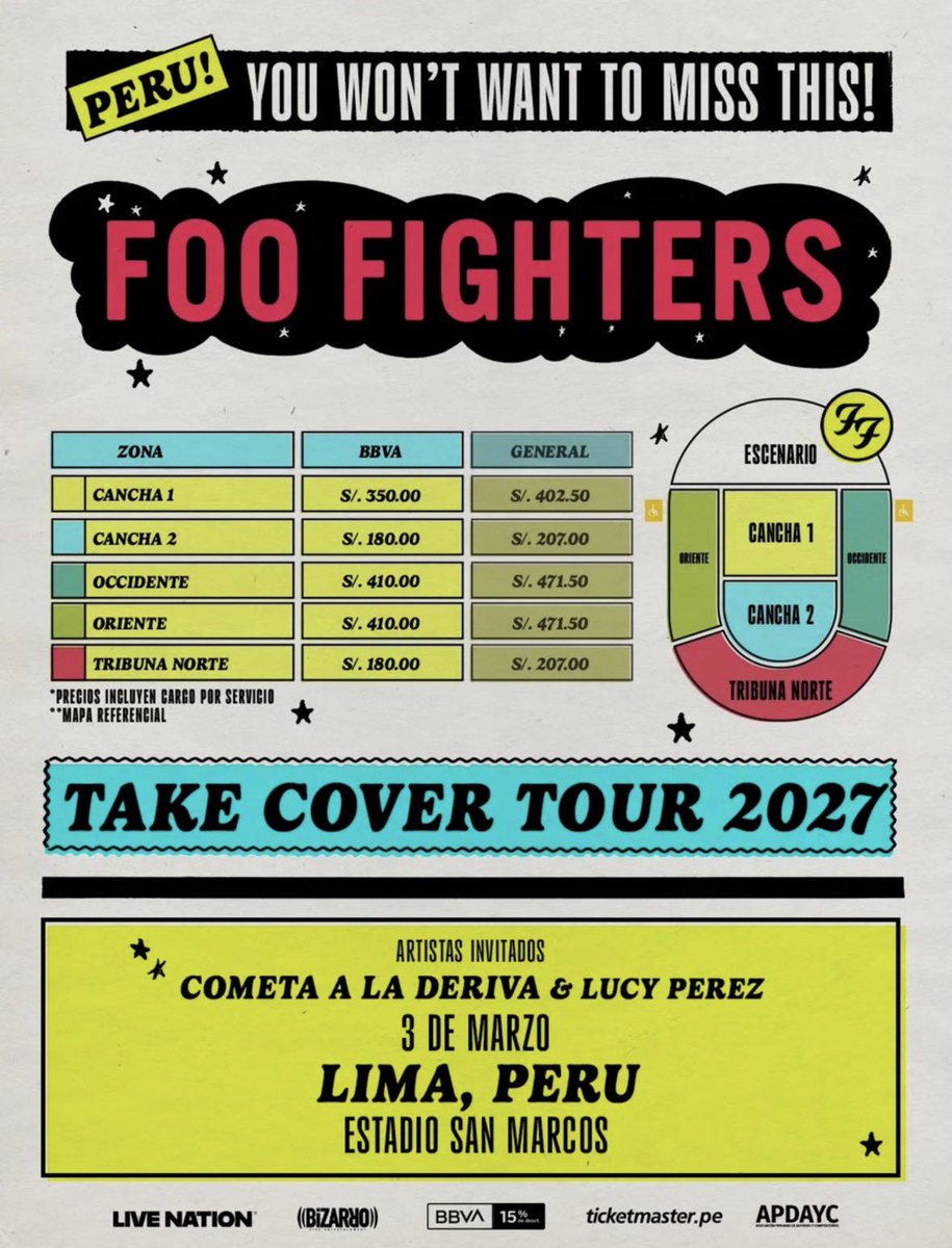MasMusicPE's tweet photo. 👀 Vean la diferencia de precios entre dos grandes shows que recibirá San Marcos 🏟️ 🇵🇪 en 2027:

🌴 KAROL G (22-ene)
💰Desde S/ 172.50 hasta S/ 1,840.00

🎸 FOO FIGHTERS (03-mar)
💰 Desde S/ 207.00 hasta S/ 402.50 https://t.co/xl9ZElMlNl