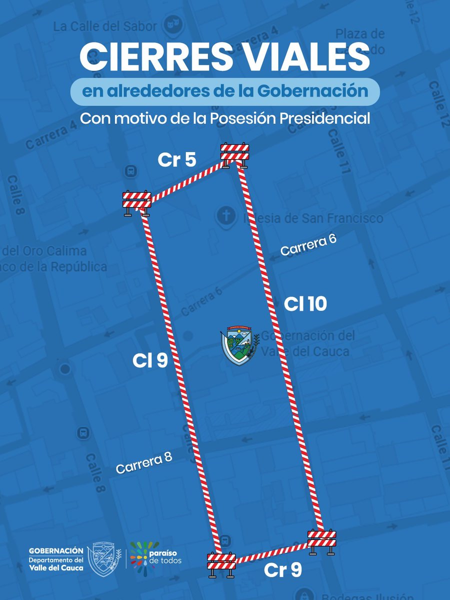 GobValle's tweet photo. La @GobValle implementó medidas preventivas desde hoy a las 6:00 p.m. hasta el 8 de agosto alrededor del Palacio de San Francisco y la Asamblea Departamental por la posesión presidencial.

El perímetro protegerá a asistentes e infraestructura institucional. Conoce los desvíos. ⤵️ https://t.co/XNYYEH6pQ4
