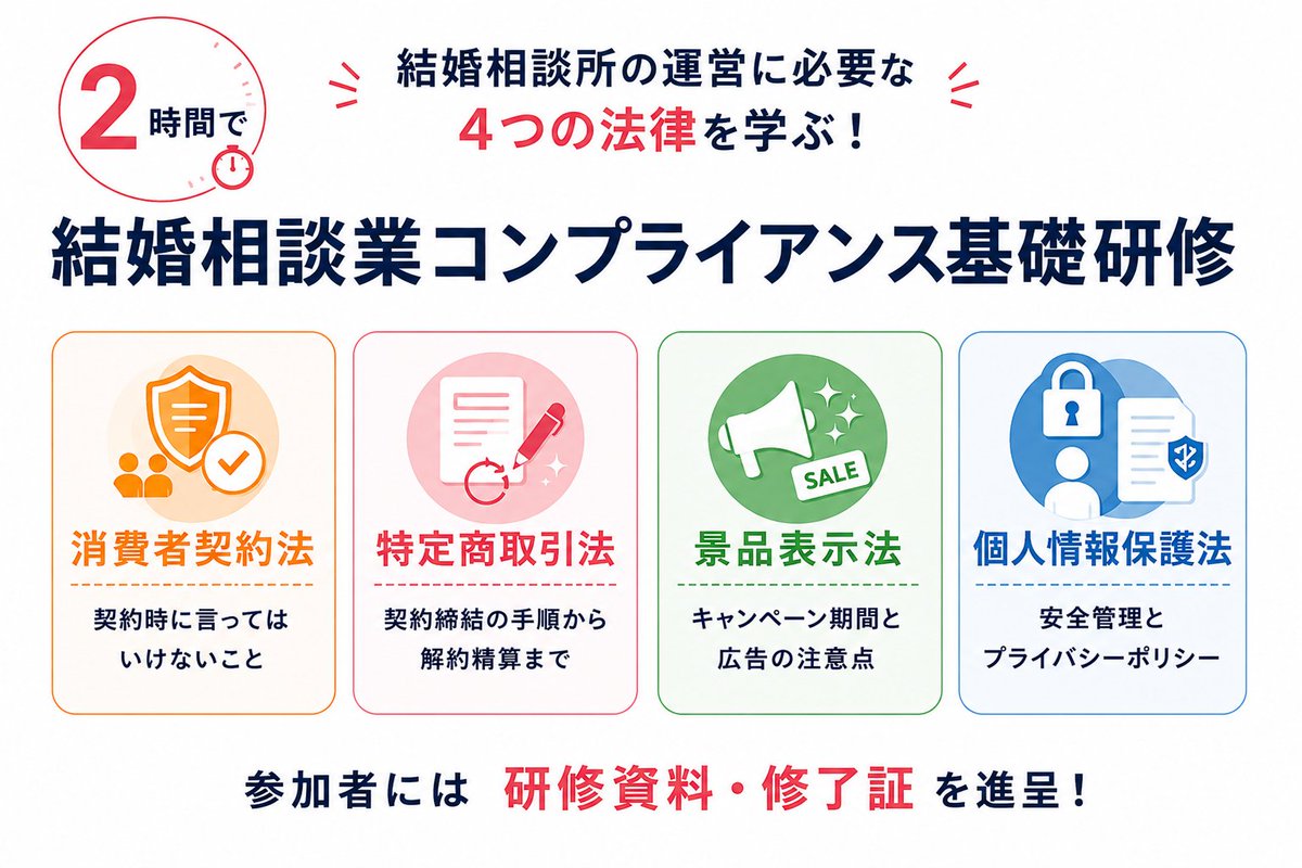 jlca_cms's tweet photo. 結婚相談業コンプライアンス基礎研修

結婚相談業の運営に必須の４つの法律。更に証明書類、人権への配慮まで。あらゆる知識を習得する研修です。
 
新たに令和８年の９月から１２月までの開催日程が決まりました！
https://t.co/Jo9wT7BOrJ https://t.co/qzcOIl0JcE