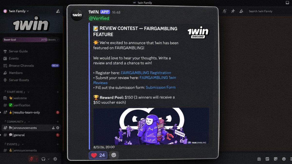 1winPro's tweet photo. $150 giveaway in the 1win Family Discord  

Write an honest review about 1win and get a chance to win a prize.  

All details here: https://t.co/hghqsxTerr 

Join our Discord and stay tuned for updates. https://t.co/sVlhRQ5pgr